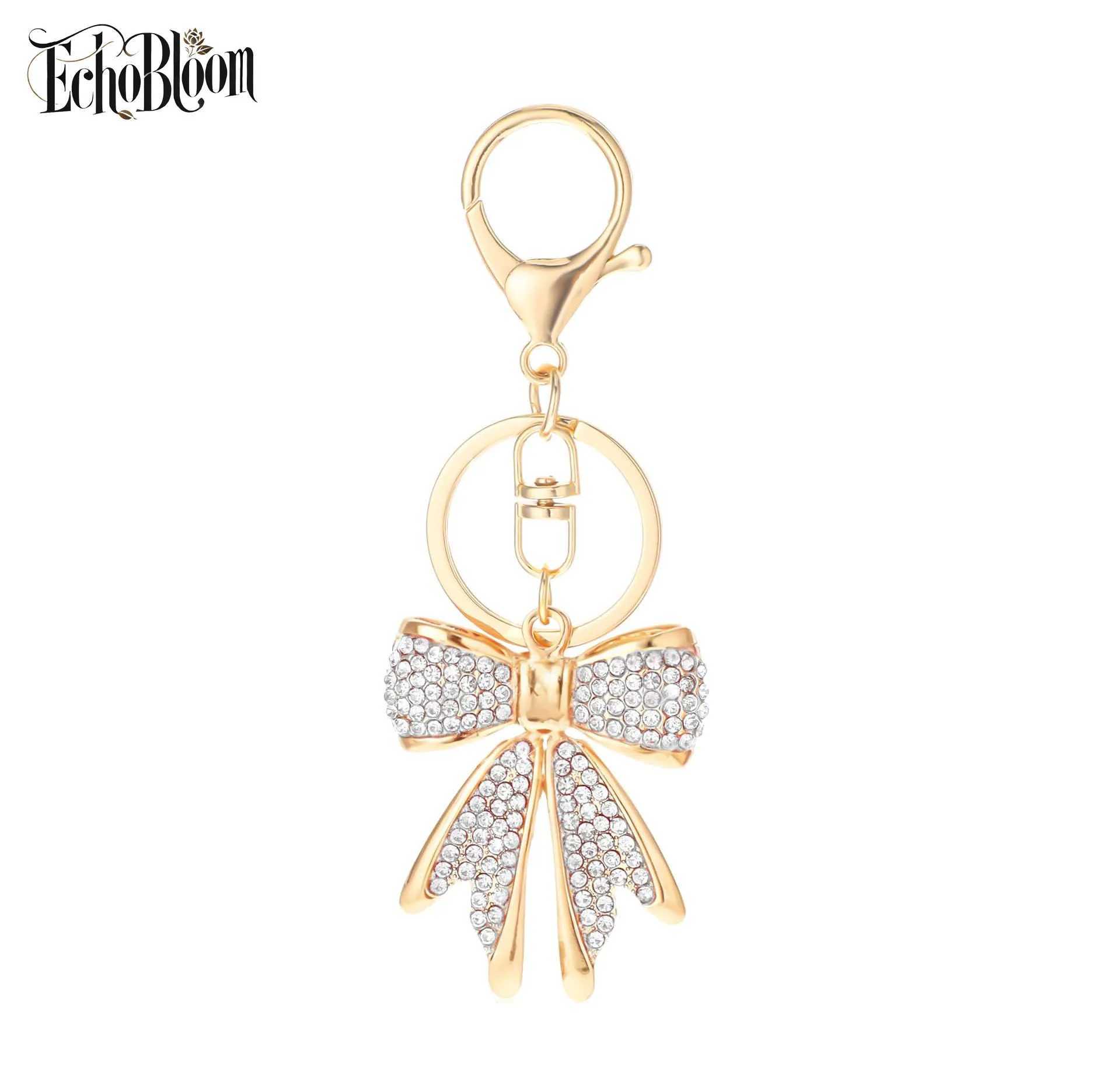 Metal Bow Keychain Gold Plated Rhinestone Keyring Bag Charm Jewelry for Women W250604