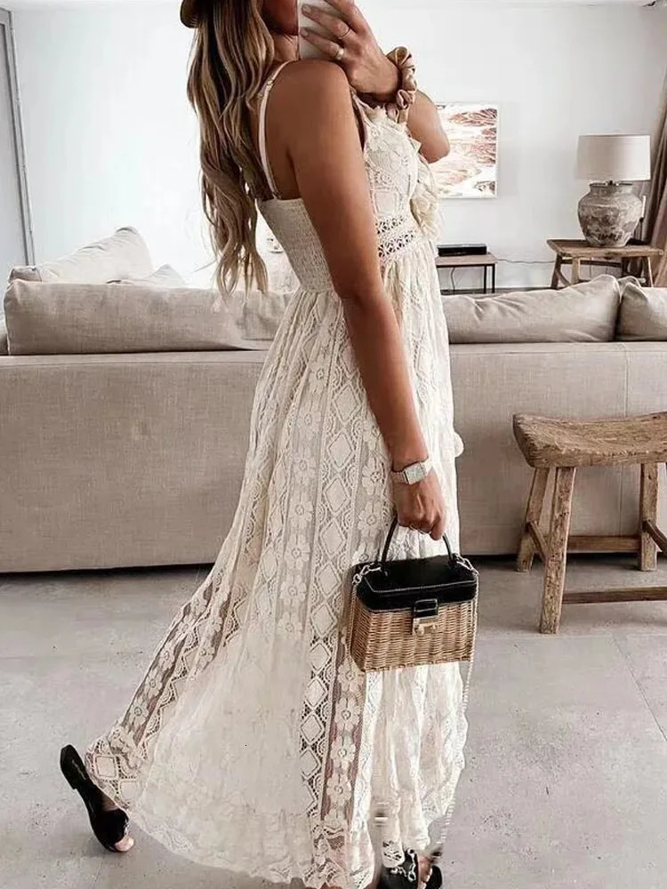 Womens Vneck Slim Shoulder Strap Sun Skirt Hook Flower Hollow Out Elegant Vacation Bohemian Style Lace Dress 22194 250604