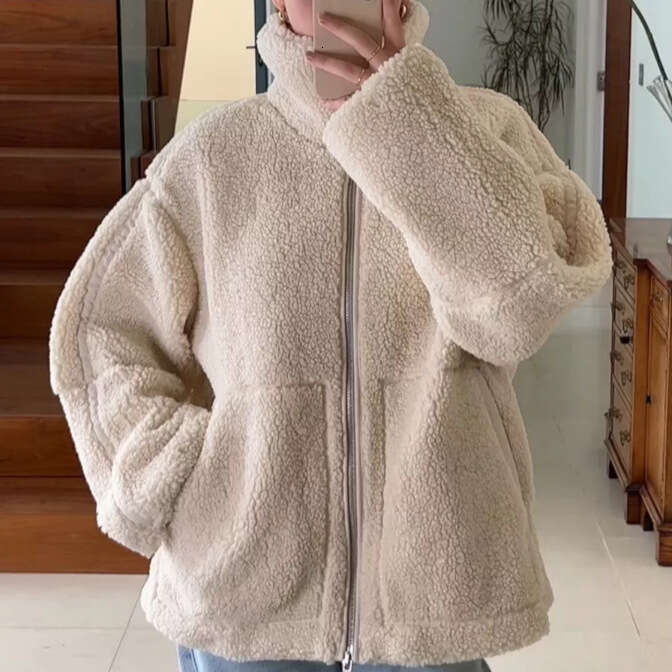 Autumn Winter Fashion Women's Trendy Stand Collar Lamb Wool Coat Warm Multicolor Zipper Cotton Jacket B5