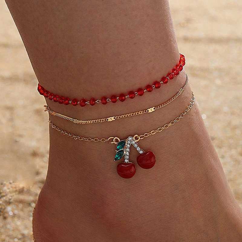 Multilayer Charm Red Cherry Anklets for Women Vintage Boho Shiny Zircon Starfish Shell Conch Foot Leg Ankle Chain Beach Jewelry W250604