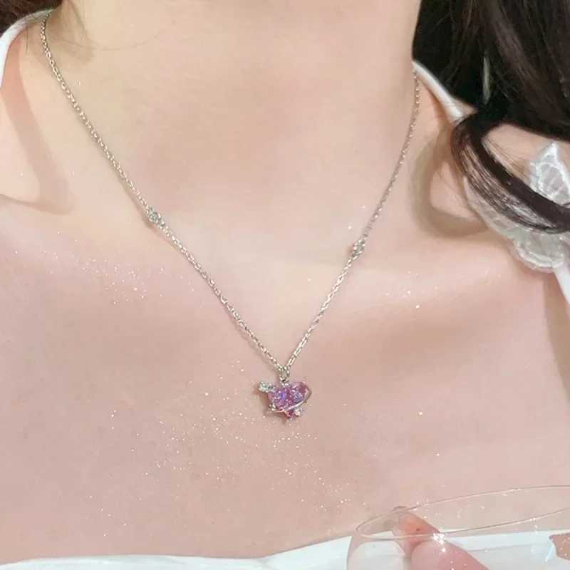 Fashion Pink Planet Heart Zircon Necklace Women Charm Aesthetic Clavicle Chain Necklace Valentines Day Gift Party 2024 Jewelry XJ250604