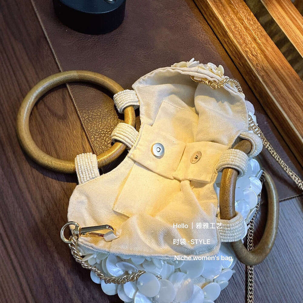 Woven Bag Leather Early Spring New Internet Celebrity Same Style Korean Niche Shell Wooden Handle Beaded Handbag Tote Bag Soft Woven Tote