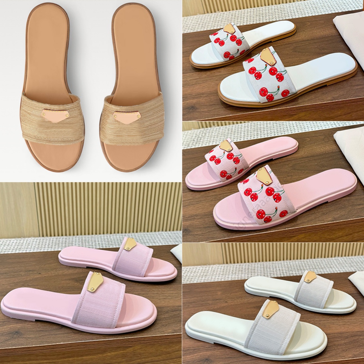 New flat Slippers Women Mules Designer Slides Luxury Flats Shoes Blue Pink Cherry Letter Mule Sunny Slippers Slide Mule Open Toe Sliders Sandal Slips On Embroidered