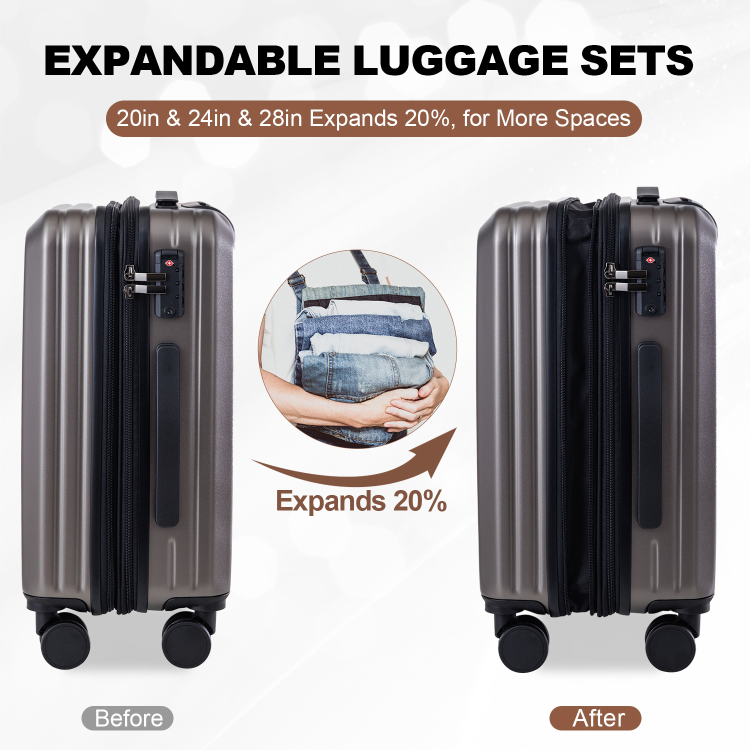 Expandable Carry On Suitcase with TSA Lock - 3-Piece ABS Luggage Sets for Business Travel & Vacation Trips