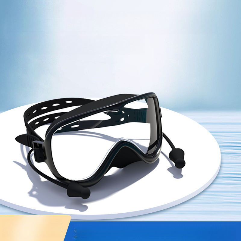 Adult Large Frame Waterproof Anti-Fog HD Swimming Glasses with Integrated Earplugs Silicone Swim Goggles