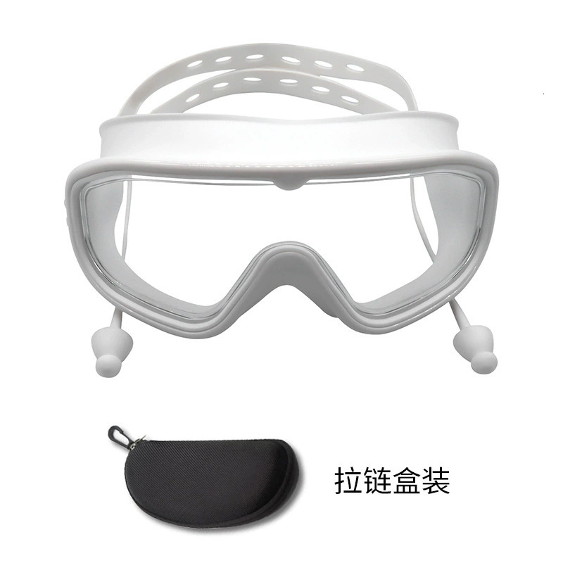 Adult Large Frame Waterproof Anti-Fog HD Swimming Glasses with Integrated Earplugs Silicone Swim Goggles