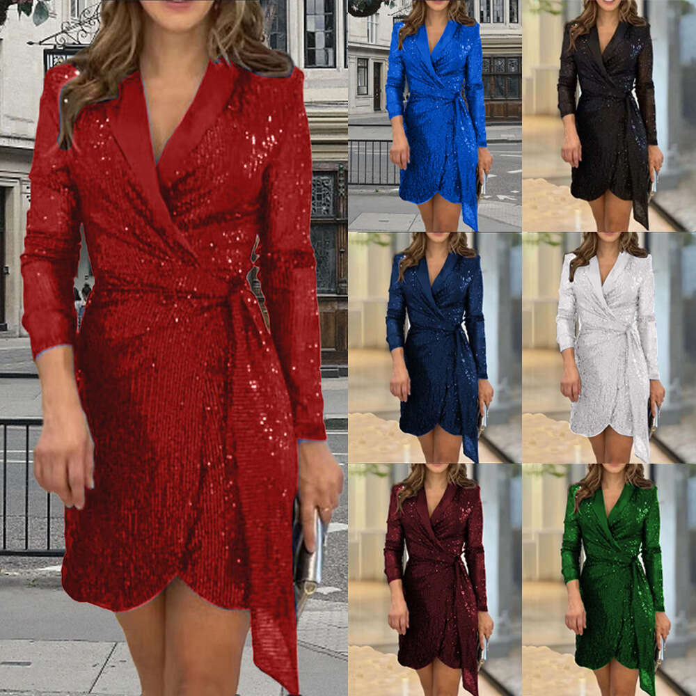 New Women's Fashion Sexy Waist-Cinching Multicolor Sequin Blazer Collar Tie Dress B5