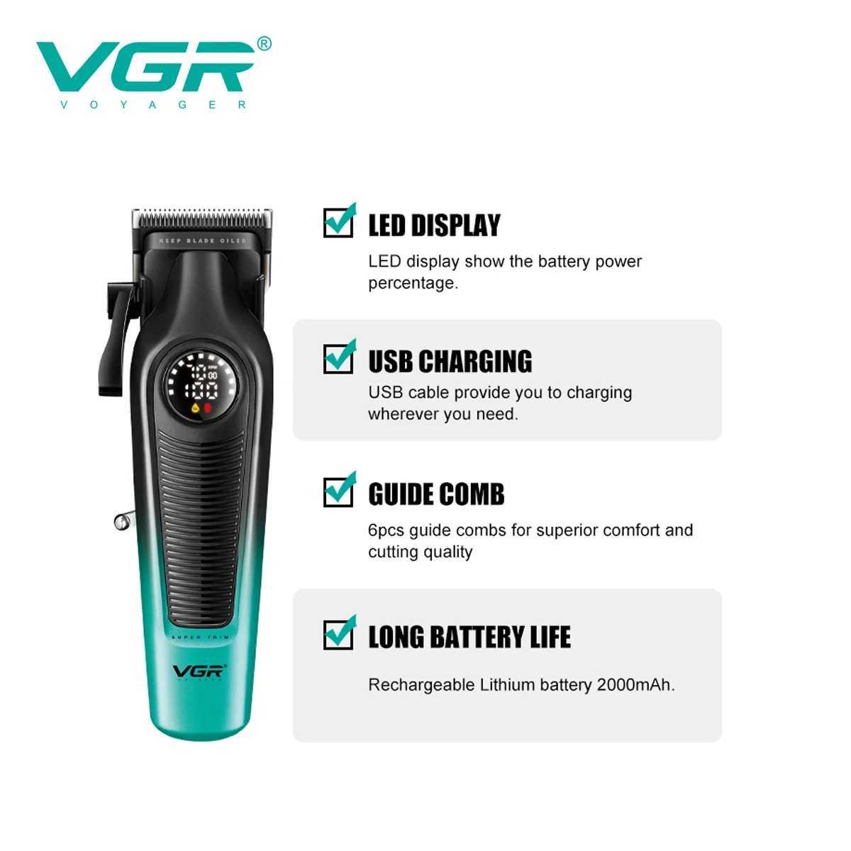 VGR 196 Professional Hair Clipper DLC Blade LED Display Cordless USB Ceramic Blade Mens Haircut Machine Hair Trimmer MachineXJ250604