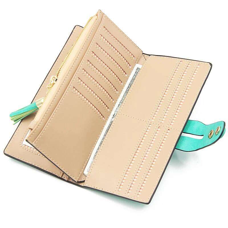 Women's long purse European and American vintage frosted Umbrella Hardware buckle fringe multi-card folding mobile wallet Large