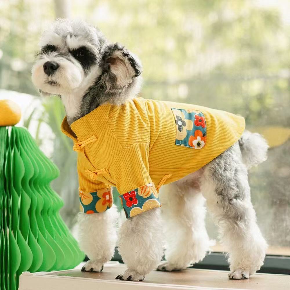 T00381 Chinese style dog clothes autumn and winter new pet shirt jacket Bichon Schnauzer small dog cat clothes trend