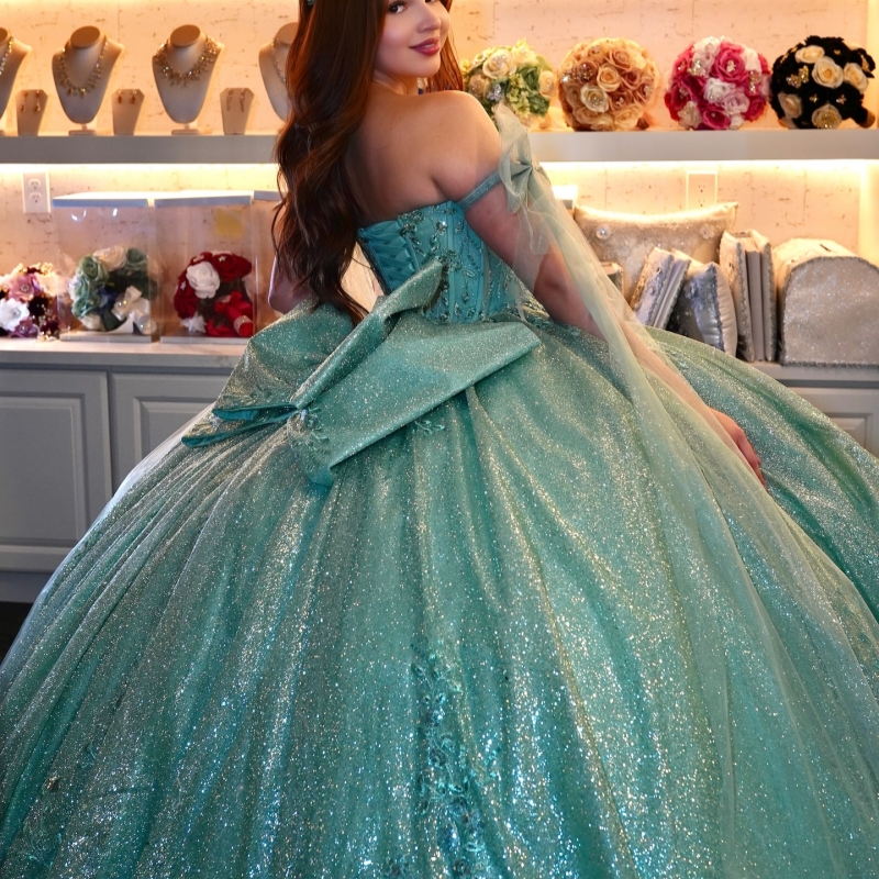 Mint Green Quinceanera Dresses Ball Gown Off The Shoulder Applique Lace Beading Bow Tull Party Birthday Sweet 16 Dress Vestidos 15 Anos