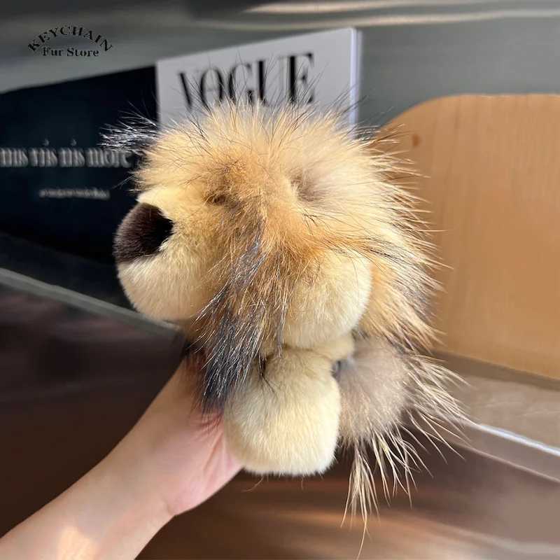 Cute Lion Real Rex Rabbit Fur Keychain Plush Toys Trinkets Women Bag Ornaments Pendant Car Keyring Rearview Mirror Decoration W250604