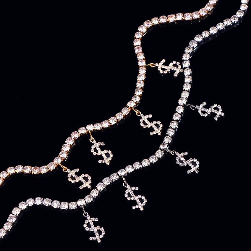 Bling Rhinestone Dollar Sign Pendant Choker for Women Gold Sier Color Crystal Chain Necklace Statement Jewelry
