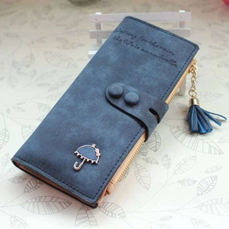 Women's long purse European and American vintage frosted Umbrella Hardware buckle fringe multi-card folding mobile wallet Large