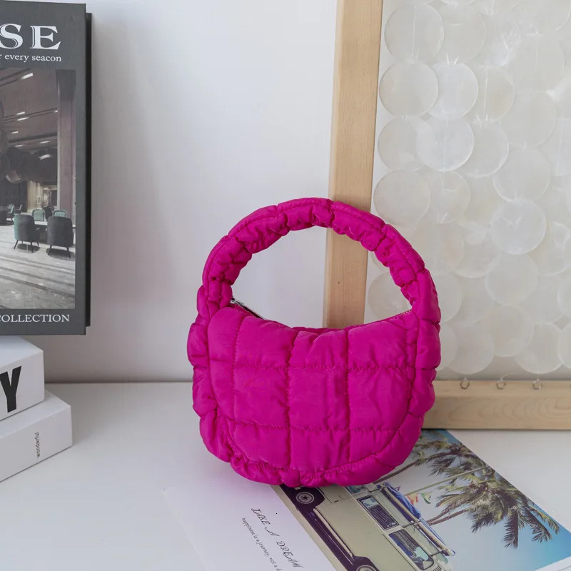 Fashion Mini Puffer Tote Bag Quilted Circle Phone Purse Elegant Purple Soft Nylon Padded Key Pouch Simple Trend Handbag 250603