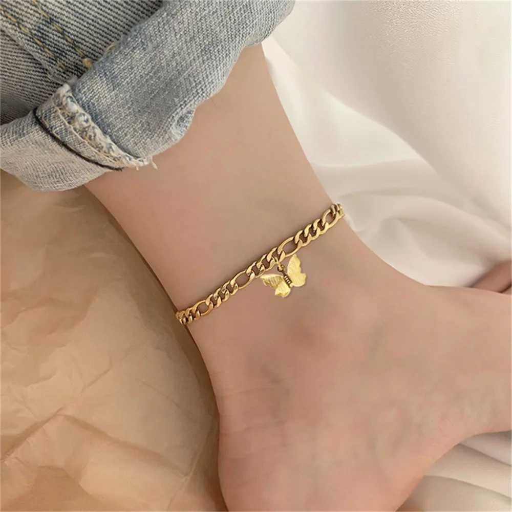 2025 Punk Figaro Chain Anklet Gold Color Stainless Steel Butterfly Charm Leg Foot Chain Ankle Bracelet for Women Jewelry Gift W250604