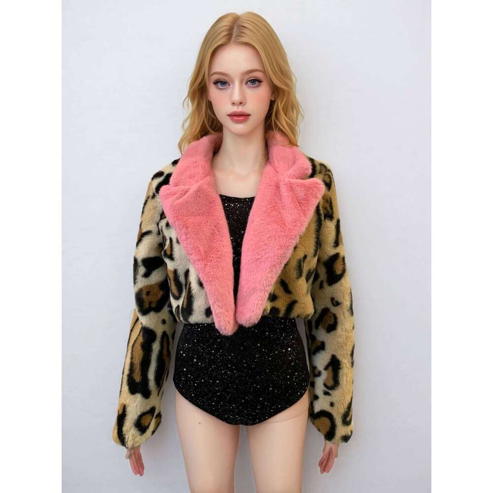 Women's Elegant Directional Faux Fur Leopard Print Coat - Autumn/Winter Wear, Fashionable Outerwear, Feel Fabric