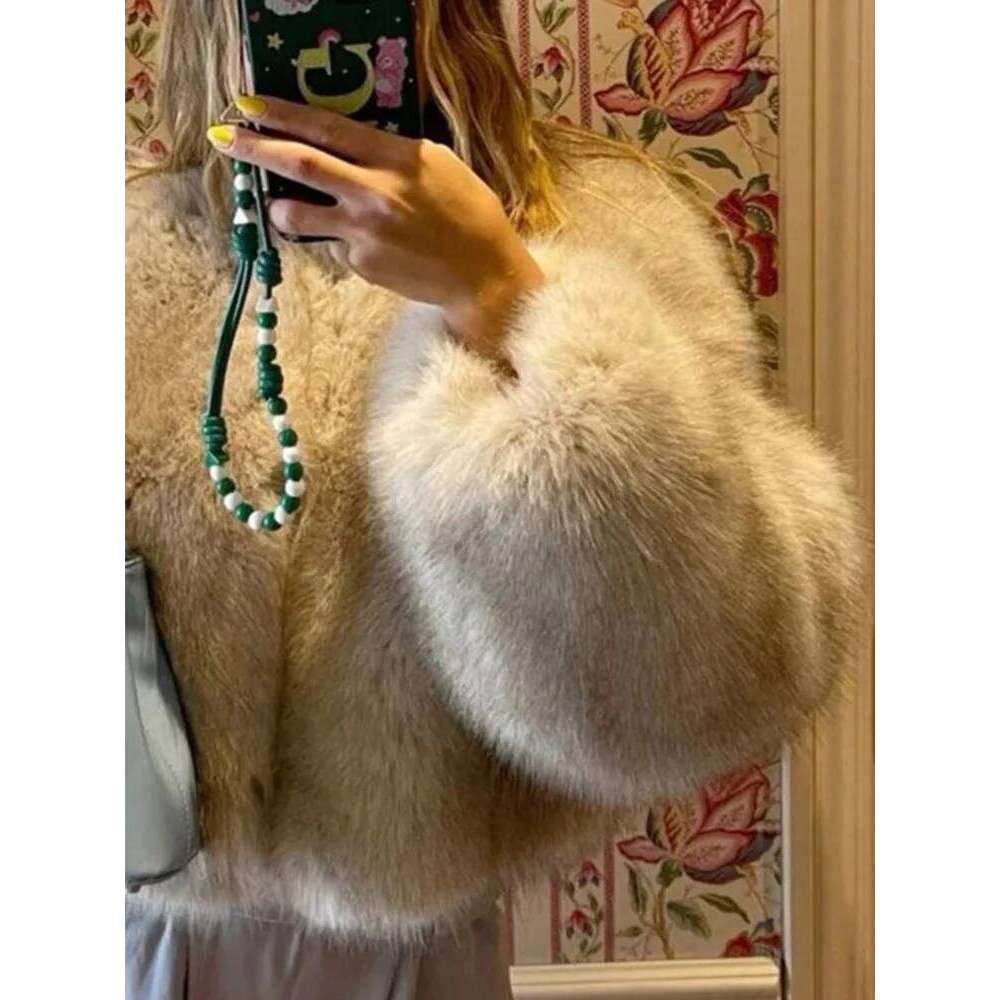 Aoaiiys Faux Fur Jacket Women Autumn Winter Cropped Elegant O-Neck Long Sleeve Soft Shaggy Coats Thicken Warm Outerwear