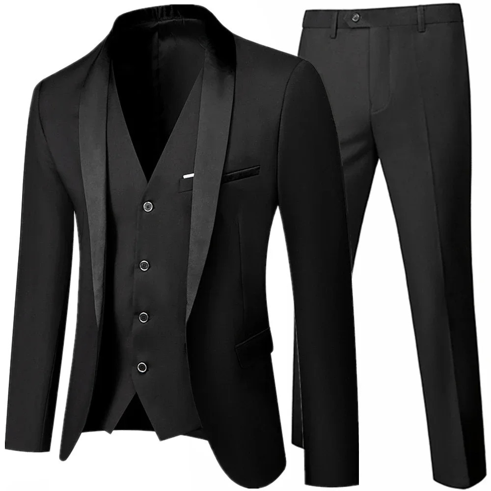Black Men Autumn Wedding Party Three Pieces Set Large Size 5XL 6XL Male Blazer Coat Pants and Vest Fashion Slim Fit Suit 250604Z