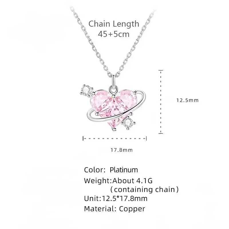 Fashion Pink Planet Heart Zircon Necklace Women Charm Aesthetic Clavicle Chain Necklace Valentines Day Gift Party 2024 Jewelry XJ250604