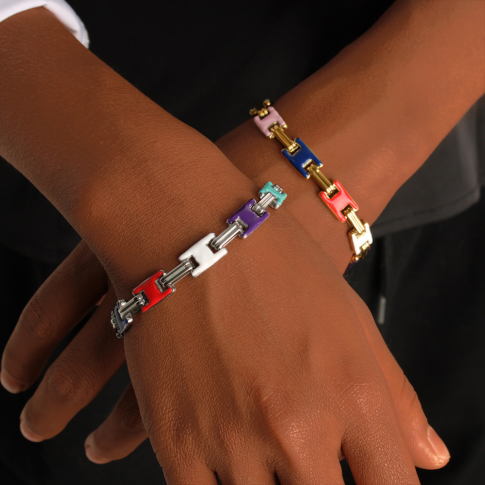 18k Real Gold Plated Colorful Oil Drop Stainless Steel Geometric Chain Necklace Bracelet Jewelry Set