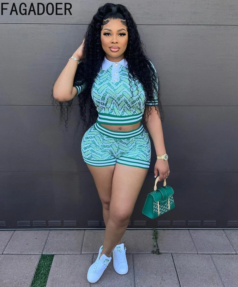 FAGADOER Rib Fashion Print Two Piece Set Women Outfits Sweet Y2k Crop Top and Shorts Casual Streetwear Summer Matching Sets 250530