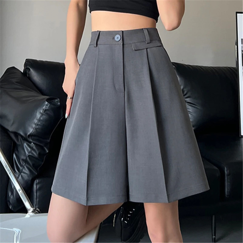 Seoulish Summer Womens Suit Shorts Elegant Wide Leg High Waist Solid Pockets Minimalism Loose Short Trousers Female 250603