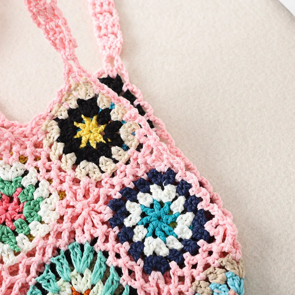 Large Capacity Fashion Cut-out Boho Tote Bag Trendy Floral Crochet Handmade Knitted Bag Vintage Multicolor Hollow Out Handbag 250603