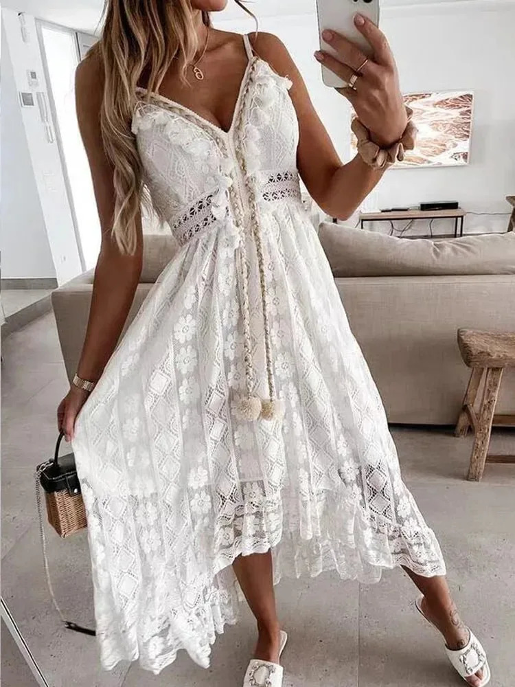 Womens Vneck Slim Shoulder Strap Sun Skirt Hook Flower Hollow Out Elegant Vacation Bohemian Style Lace Dress 22194 250604