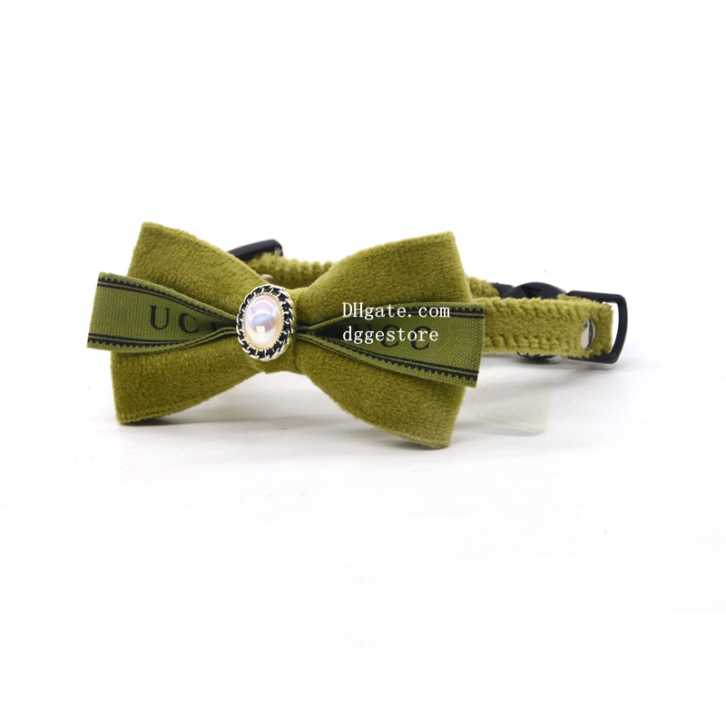Designer Soft Corduroy Cat Collars with Bow Tie and Jewelry Decoration, Adjustable Breakaway Cotton Kitty Bowtie Collar for Girl Boy Kitten Green S B2