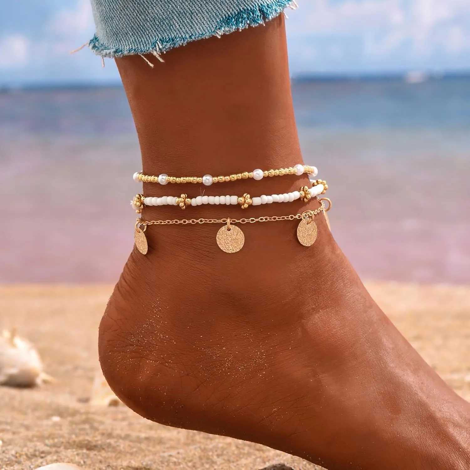 Gold Plated Boho Bead Adjustable Anklet Hawaiian Beach Seashell Pearl Foot Jewelry Gifts Shell Ankle Bracelet Set for Women W250604