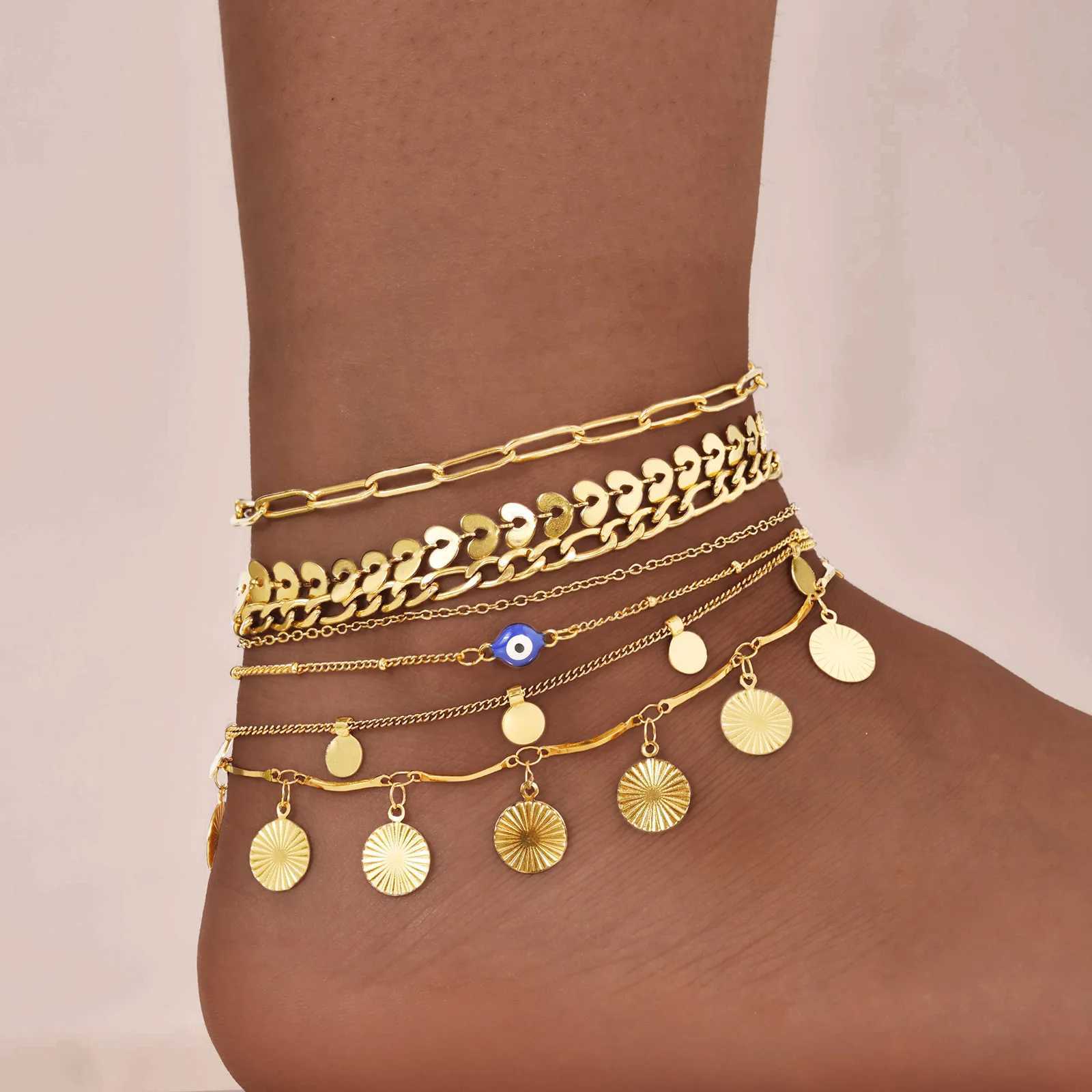 Vnox Charm Anklet For Women Girls Stainless Steel Heart Round Accessories Gold Color Chain Anklet Bracket Summer Beach Jewelry W250604