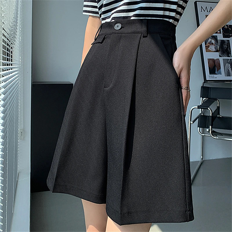 Seoulish Summer Womens Suit Shorts Elegant Wide Leg High Waist Solid Pockets Minimalism Loose Short Trousers Female 250603