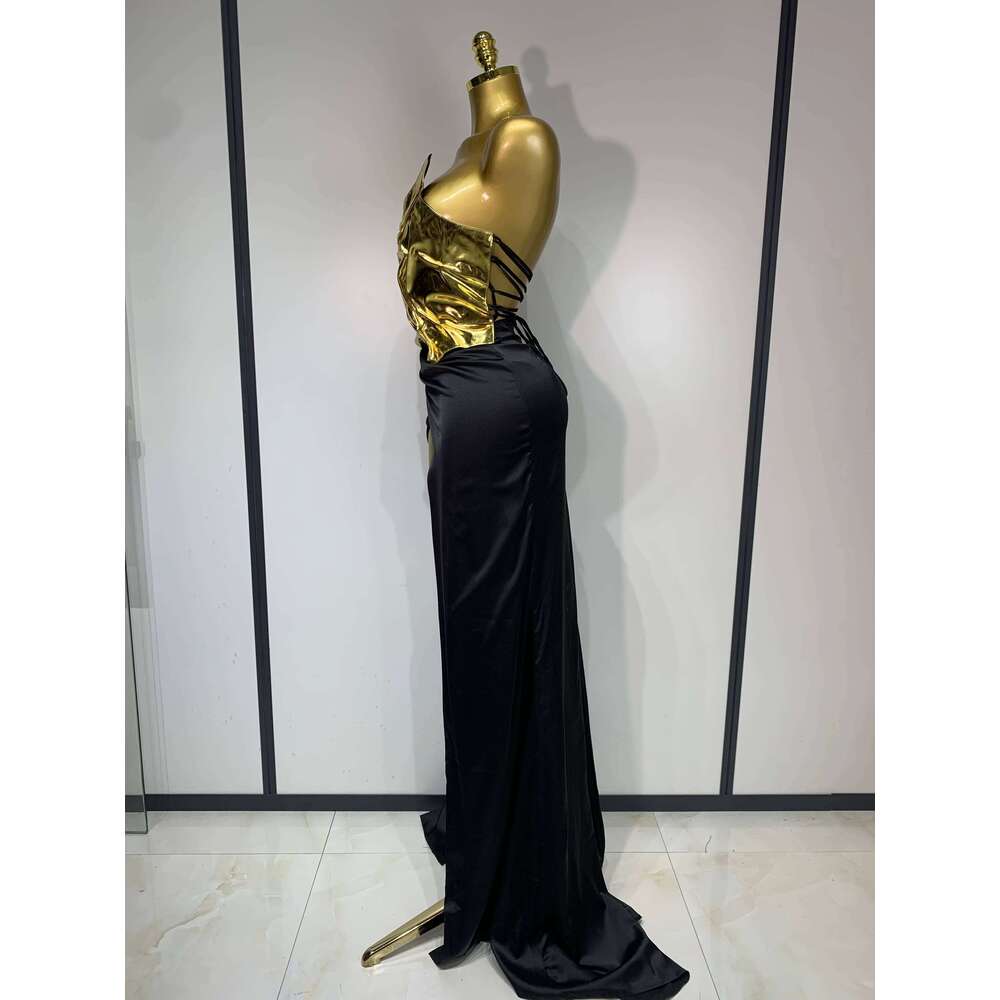 2025 New Arrival Women Gold Color Sexy Laced-Up Tops 2 Pieces Set Long Celebrate Evening Party Celebrity Elegant Dress