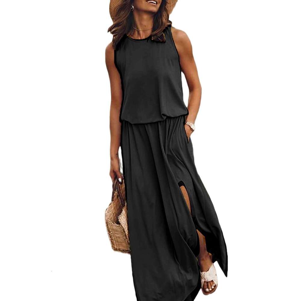 Summer New Women's Round Neck Sleeveless With Slit, Multi-Color Solid Color Long Dress B5