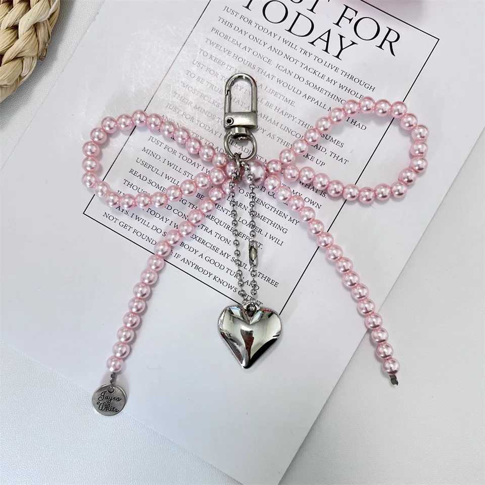 Bowknot Heart Bag Pendant Keychain Beaded Keyring White Pearl Bow Keychain Decoration For Bags Phones Car Korean Accessories W250604