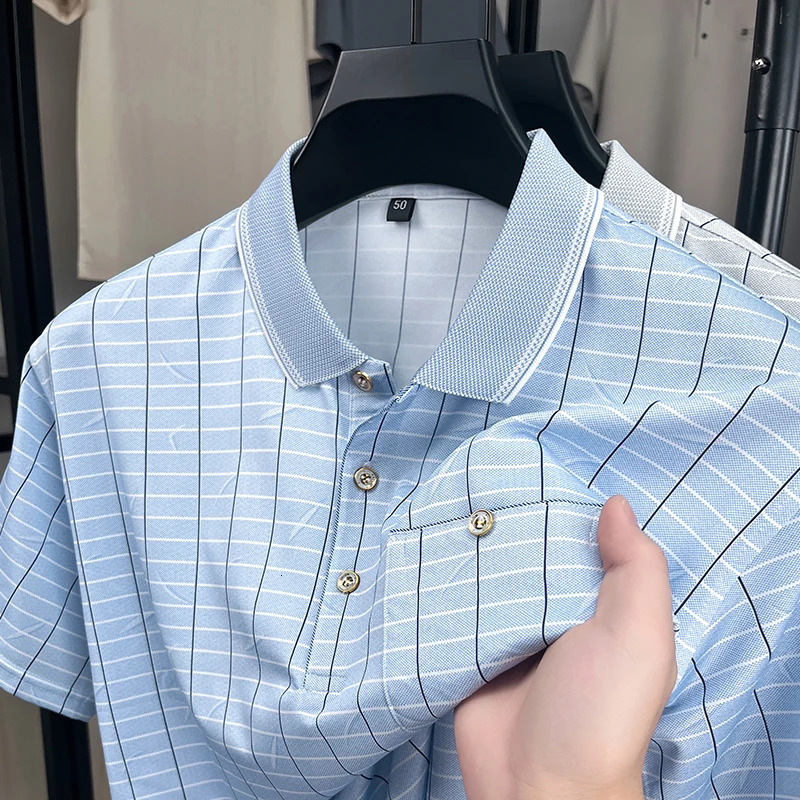 Short Sleeved Tshirt Mens Lapel Ice Silk Plaid Polo Shirt Middleaged Dad Outfit Summer Thin Top Clothing 250604Z
