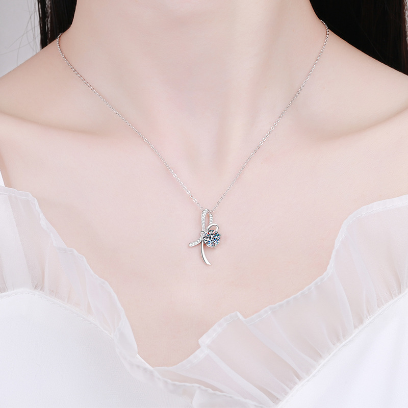S925 Sterling Silver Moissanite Necklace with 1ct D-Color Moissanite Pendant, Elegant Butterfly Knot Design, Platinum Plated Jewelry for Women