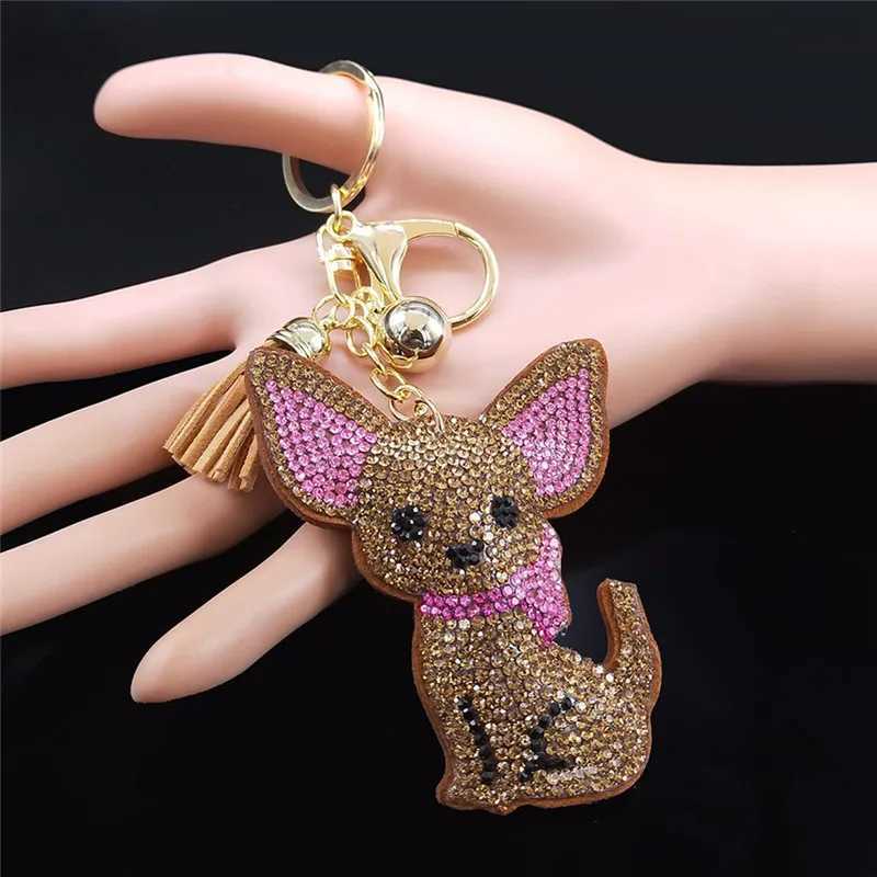 New Arrival Cute Chihuahua Dog Crystal Keychain Bag Accessories for Women Gold Color Female Keyring Jewelry llaveros para mujer K7326S01 U250604