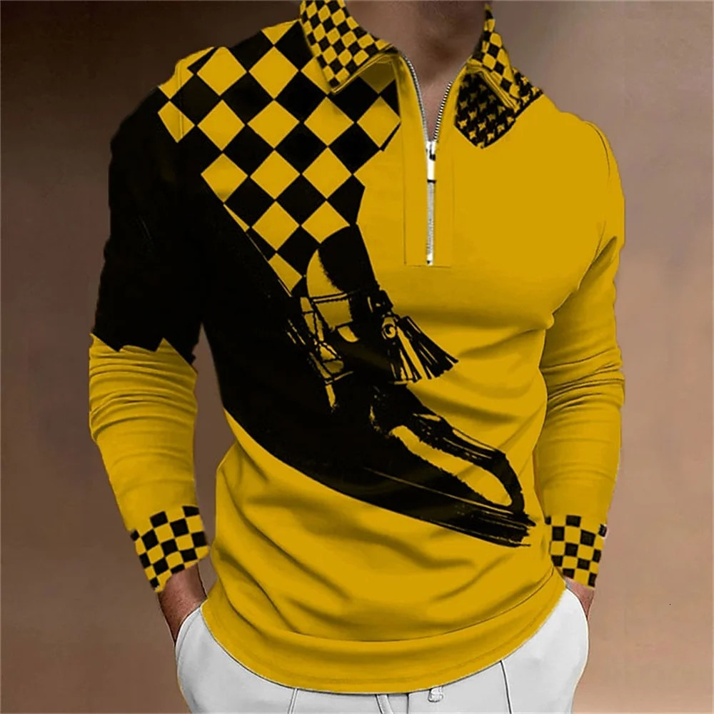 Mens Polo Shirt Golf Plaid Prints 3D Print Street Long Sleeve Zipper Clothing Apparel Sports Fashion Streetwear 250604Z
