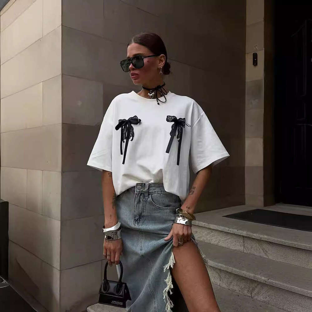 Trendy Sexy Bowknot Front Design Sweet And Spicy Summer Loose Slimming Short Sleeve T-Shirt B5
