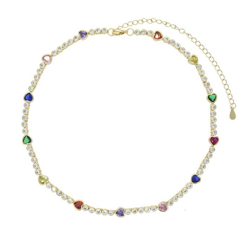 Gold Color Summer Colorful Jewlery Geometric Round Heart Shaped CZ Fashion Women Choker Tennis Necklace