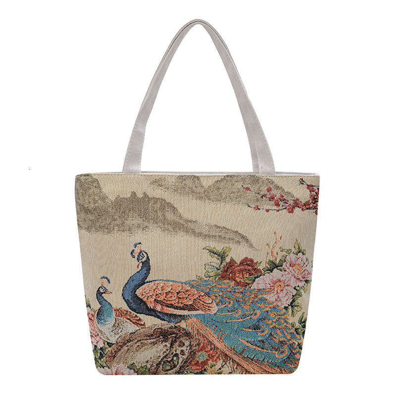 New Canvas Shoulder Handbag Double-Sided Gold Thread Jacquard Embroidery Ethnic Style Handheld Commuter Bag