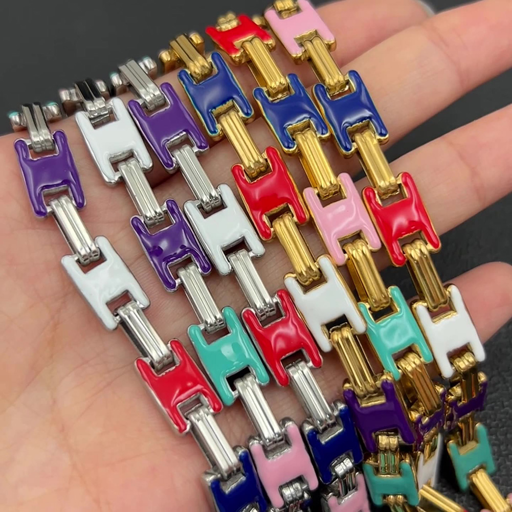 18k Real Gold Plated Colorful Oil Drop Stainless Steel Geometric Chain Necklace Bracelet Jewelry Set