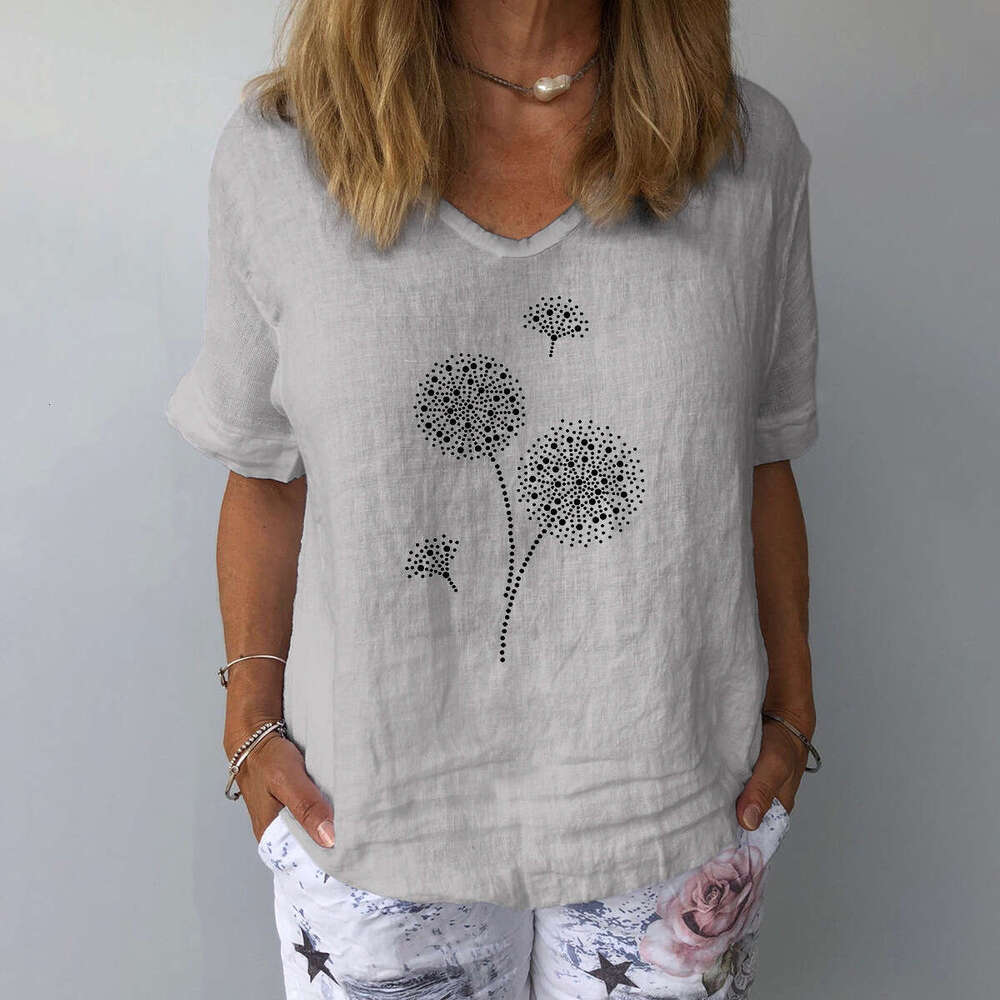 Short Sleeve Cotton Linen Loose Casual Dandelion Print Top B5
