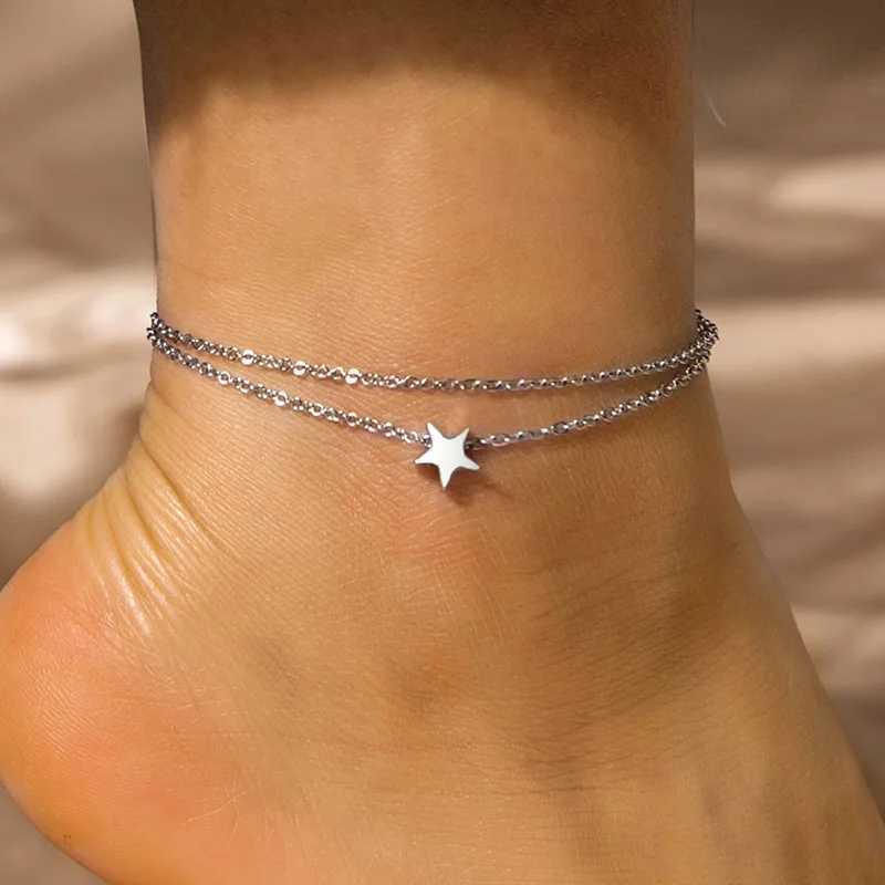 2024 New Star Charm Anklet Stainless Steel Double Layered Chain Ankle Bracelet For Women Girls Summer Beach Jewelry W250604