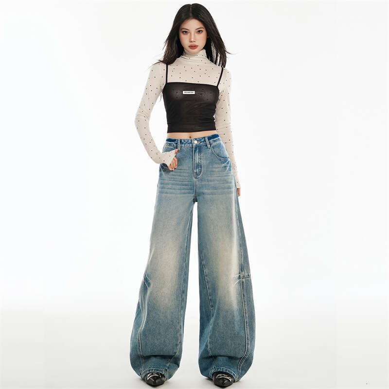 American Style Light Blue Wide Leg Jeans For Women Spring New Loose Lazy High Waist Scimitar Pants B5