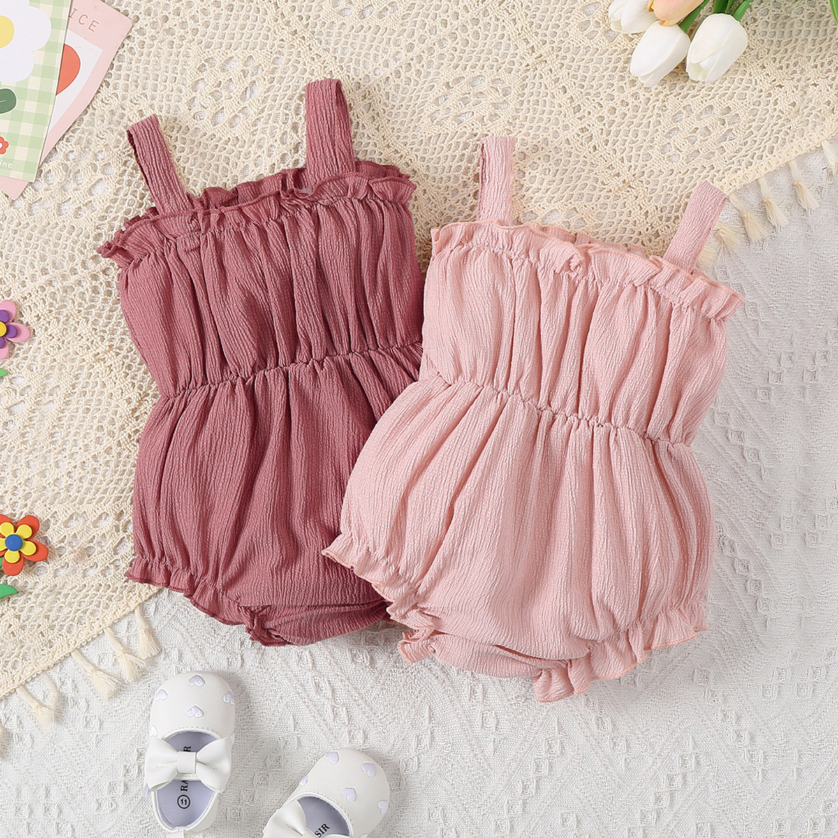 Two Pieces Girls' Fashion Pure Pink Color Baby Onesie Set with Soft Fabric & Stringy Selvedge Triangle Romper for Summer Outdoors