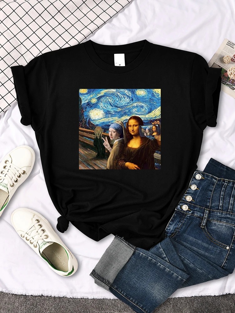 Mona Lisa T Shirts Funny Cat Lovely Cute Printed Designer T-Shirt For Women'S Crewneck Gothic Women Tshirt Casual Oversize Tee Shirts