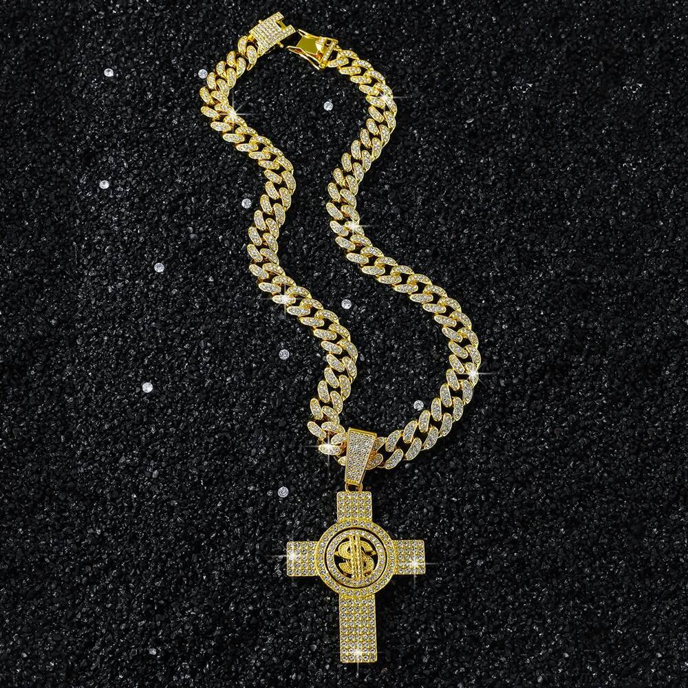 Men Hip Hop Cross Pendant Necklace with 13mm Miami Cuban Chain Rotatable US Dollar Money Sign Pendants Necklaces Fashion Jewelry